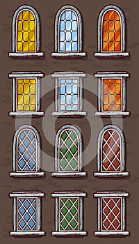 Cartoon vintage windows with stained glass