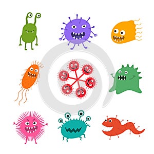 Cartoon virus character illustration. Cute fly germ virus infection and funny micro bacteria character.