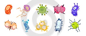 Cartoon virus. Germs bacterias and flu infection cells, sickness microbe organism collection. Vector different medicine