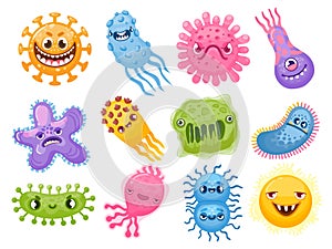 Cartoon viruses. Germ and bacteria with evil faces. Bad pathogen microbe character. Coronavirus and flu disease photo