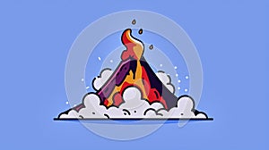 Cartoon volcano eruption on blue background