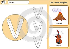 Cartoon volcano and violin. Alphabet tracing worksheet