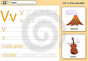Cartoon volcano and violin. Alphabet tracing worksheet