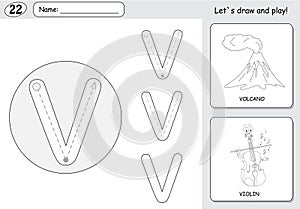 Cartoon volcano and violin. Alphabet tracing worksheet: writing