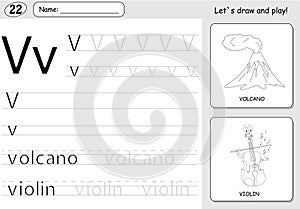 Cartoon volcano and violin. Alphabet tracing worksheet: writing