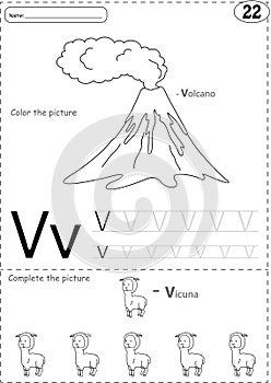 Cartoon volkano and vicuna. Alphabet tracing worksheet: writing photo