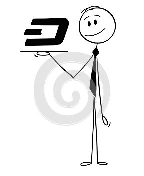 Cartoon of Waiter or Businessman Holding Salver or Tray With Dash Cryptocurrency Currency Symbol photo