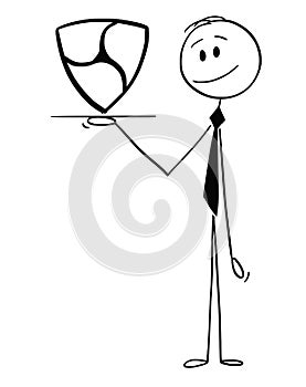 Cartoon of Waiter or Businessman Holding Salver or Tray With Nem Cryptocurrency Currency Symbol