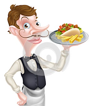 Cartoon Waiter Butler Holding Kebab and Fries