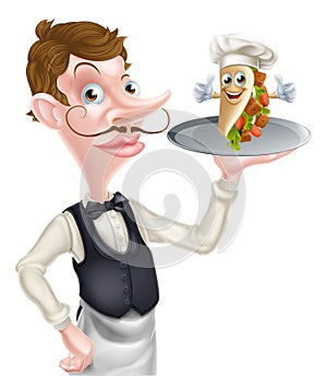 Cartoon Waiter Butler Holding Kebab Mascot