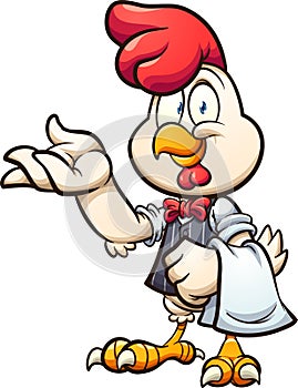 Cartoon waiter chicken with vest and bow tie