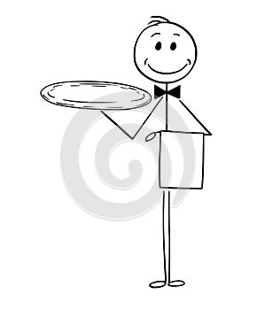 Cartoon of Waiter Holding Empty Silver Tray