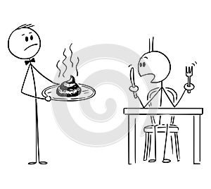 Cartoon of Waiter in Luxury or Fancy Restaurant Serving Shit or Excrement to Surprised Hungry Man