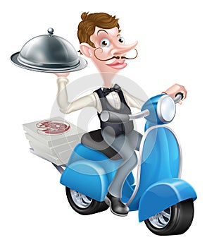 Cartoon Waiter on Scooter Moped Delivering Food