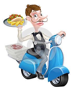 Cartoon Waiter on Scooter Moped Delivering Kebab