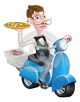 Cartoon Waiter on Scooter Moped Delivering Pizza