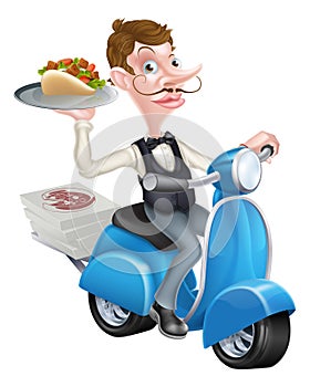 Cartoon Waiter on Scooter Moped Delivering Shawarma