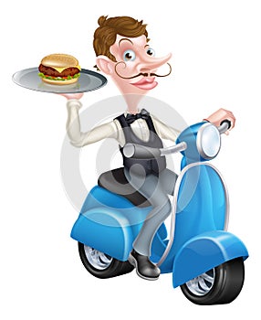 Cartoon Waiter on Scooter Moped Holding Burger