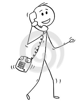 Cartoon of Walking Man or Businessman Making Phone Call With Old Table Phone