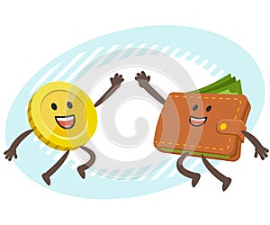 Cartoon Wallet Character and Cartoon Coin Character giving high-five. Electronic payments