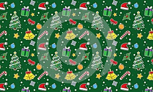 Cartoon wallpaper with Christmas symbols intended for packaging design, wrapping paper or as a background for your project.