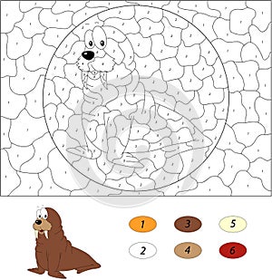Cartoon walrus. Color by number educational game for kids