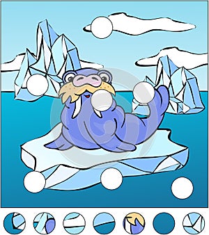 Cartoon walrus on an ice floe. complete the puzzle and find the