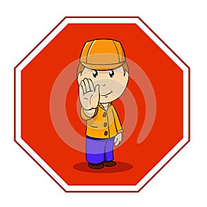 Cartoon warning sign stop with man in orange