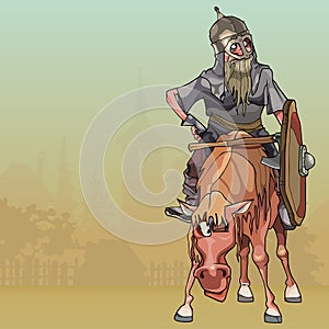 Cartoon warrior in armor on horseback in the village