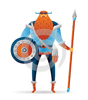 Cartoon warrior viking cute character with lance and shield. Funny cartoon.