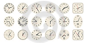 Cartoon watch faces. Analog vintage clocks, electronic and mechanical watch faces with numbers and clock hands flat vector