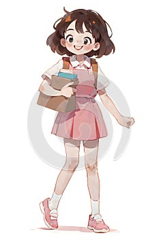 A cartoon water color illustration of a young delivery woman carrying packages for delivery in a bag