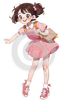 A cartoon water color illustration of a young delivery woman carrying packages for delivery in a bag