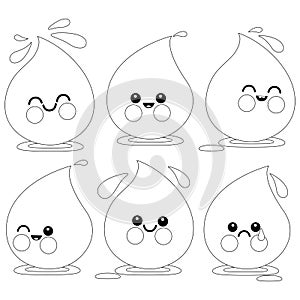 Cartoon water drop characters. Vector black and white coloring page