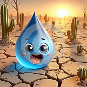 Cartoon of water drop on dry land. World Environmental Education Day. AI generated