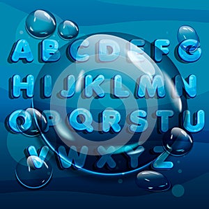 Cartoon water drops font, funny blue alphabet, vector comic letters and drobs