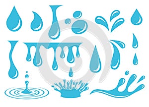 Cartoon water drops. Isolated drop, crying tears elements. Flat sweated drip, blue liquid splash. Falling rain