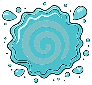 Cartoon water splash illustration with blue liquid drops and a wavy puddle frame