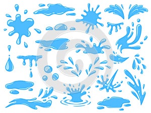 Cartoon water splashes, falling rain drops, waves and spill. Fresh aqua stream, puddles and splats. Nature blue liquid
