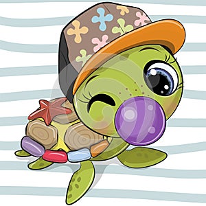 Cartoon water turtle with bubblegum on the stripes background