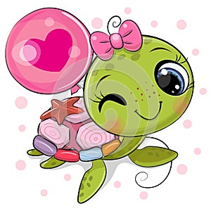 Cartoon water turtle girl with a balloon on a white background