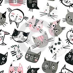 Cartoon watercolor cats seamless pattern in pastel colors. Cute kitten faces background for kids design