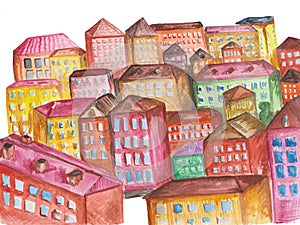 Cartoon watercolor city from different houses - multi-colored multi-storey buildings with roofs on a white background. raster