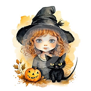 cartoon watercolor illustration little girl in witch hat, black cat and halloween pumpkin isolated on white background