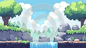 Pixel Art Waterfall Landscape with Trees.