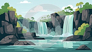 Cartoon Waterfall Landscape Background Card Poster Flat Design Nature Scene Adventure Travel. illustration