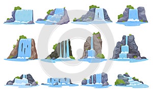 Cartoon waterfall set vector flat illustration natural water streaming mountain cliff river cascade