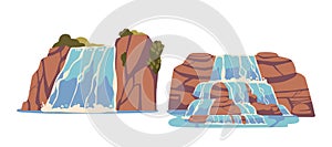 Cartoon Waterfall And Water Cascade With Green Foliage And Rocks. Isolated Vector Fresh Aqua Streams Falling Down