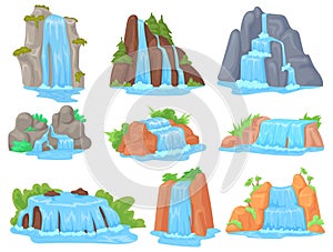 Cartoon waterfalls. Natural scenic waterfall with water streams falls from cliff or mountain river cascade for travel