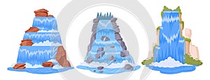 Cartoon waterfalls. Streaming water cascades, river waterfall with rocks and trees flat vector illustration set. Wild nature